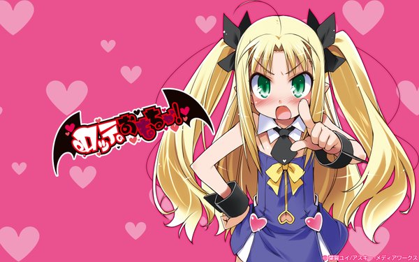 Anime picture 1680x1050 with astarotte no omocha! astarotte ygvar single long hair blush open mouth blonde hair wide image twintails green eyes loli girl heart