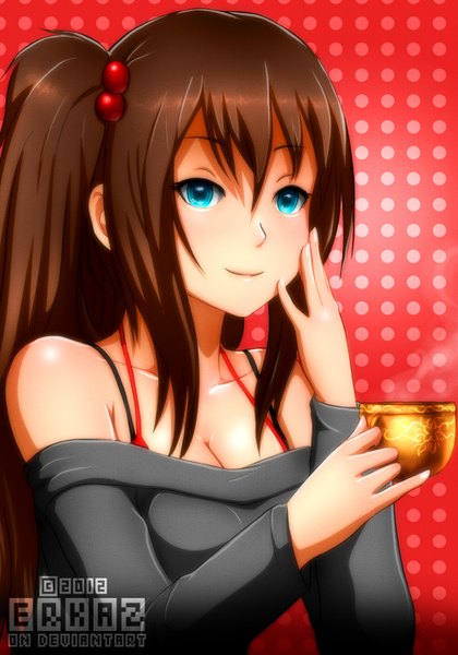 Anime picture 1000x1429 with original erkaz single long hair tall image smile brown hair bare shoulders aqua eyes polka dot polka dot background girl dress cup