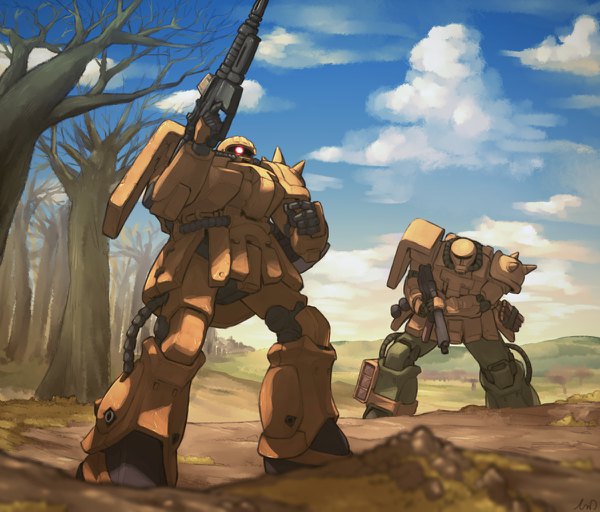 Anime picture 1200x1024 with mobile suit gundam mobile suit gundam 0083 sunrise (studio) ms-06f2 zaku ii f2 type tessaku ro signed sky cloud (clouds) outdoors no people bare tree weapon plant (plants) tree (trees) gun mecha machine gun