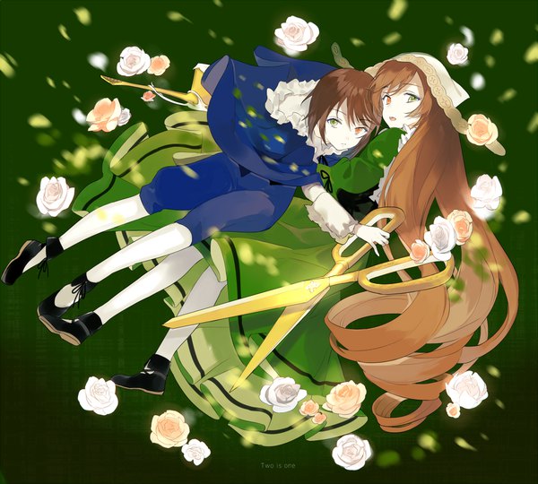 Anime picture 1000x900 with rozen maiden suiseiseki souseiseki lowe (slow) looking at viewer fringe short hair brown hair multiple girls full body very long hair heterochromia text drill hair english white skin girl dress flower (flowers) 2 girls