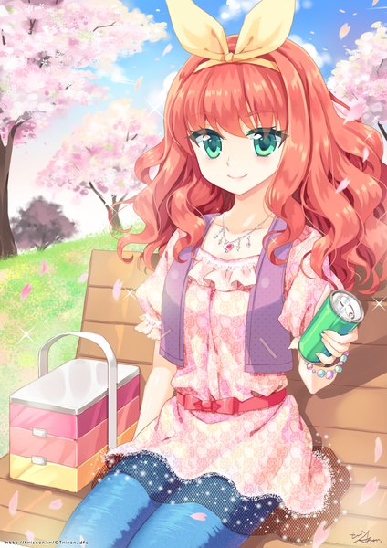 Anime picture 848x1200 with girlfriend (kari) saeki marika trianon single long hair tall image fringe smile sitting green eyes signed orange hair sparkle cherry blossoms wavy hair outstretched hand girl bow plant (plants) hair bow