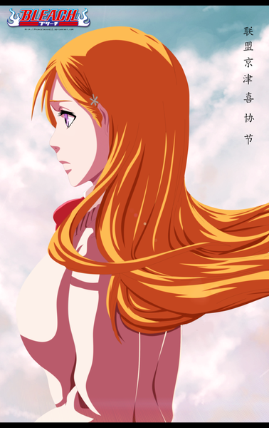 Anime picture 1712x2714 with bleach studio pierrot inoue orihime akira-12 single long hair tall image highres sky cloud (clouds) profile pink eyes orange hair inscription coloring hieroglyph girl sweater