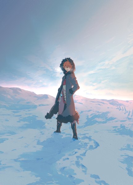 Anime picture 718x1000 with genshin impact tartaglia (genshin impact) sunako single tall image short hair open mouth standing sky full body ahoge outdoors eyes closed orange hair fur trim winter snow exhalation ^ ^ hands in pockets