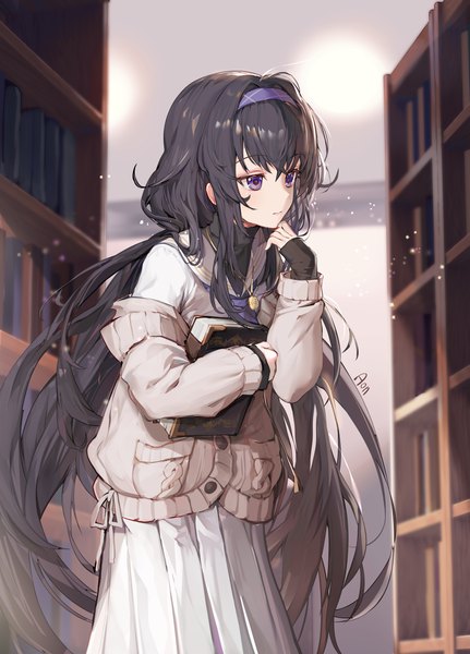 Anime picture 3001x4174 with blue archive ui (blue archive) a (sofi3103) single tall image fringe highres black hair hair between eyes purple eyes twintails signed looking away absurdres indoors long sleeves very long hair off shoulder low twintails sleeves past wrists