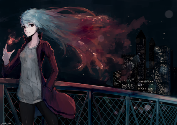 Anime picture 1252x885 with touhou fujiwara no mokou rean (r ean) single long hair looking at viewer fringe hair between eyes red eyes silver hair outdoors red hair wind grey hair night open jacket night sky city cityscape hand in pocket