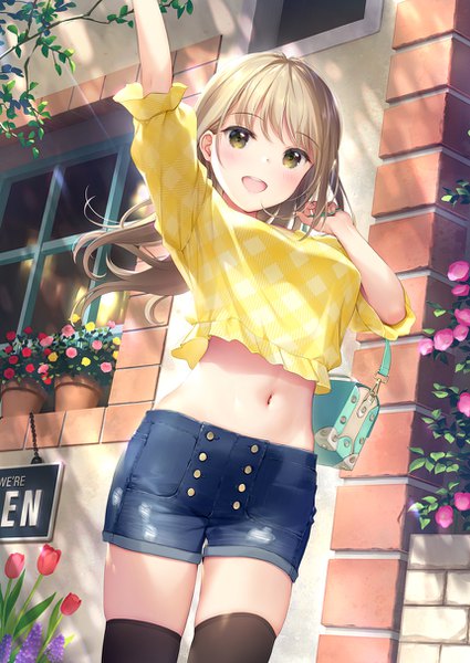 Anime picture 860x1214 with original mignon single long hair tall image looking at viewer blush open mouth blonde hair smile standing holding yellow eyes outdoors :d arm up wind sunlight bare belly from below