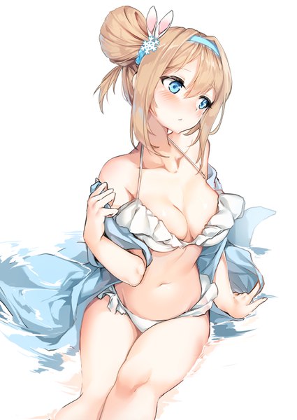 Anime picture 2150x3035 with girls frontline suomi kp31 (girls frontline) hans (artist) single long hair tall image blush fringe highres breasts blue eyes light erotic simple background blonde hair hair between eyes white background sitting bare shoulders payot looking away