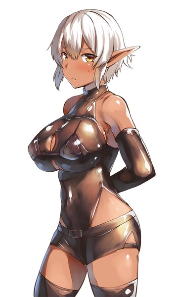 Anime picture 581x1000 with original de-chan (lolicept) belko single tall image blush fringe short hair breasts light erotic simple background hair between eyes large breasts standing white background bare shoulders yellow eyes cleavage white hair pointy ears