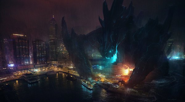 Anime picture 1949x1080 with pacific rim kaiju (pacific rim) grivetart highres wide image signed city glowing rain glowing eye (eyes) city lights destruction gloom sea fire monster watercraft ship