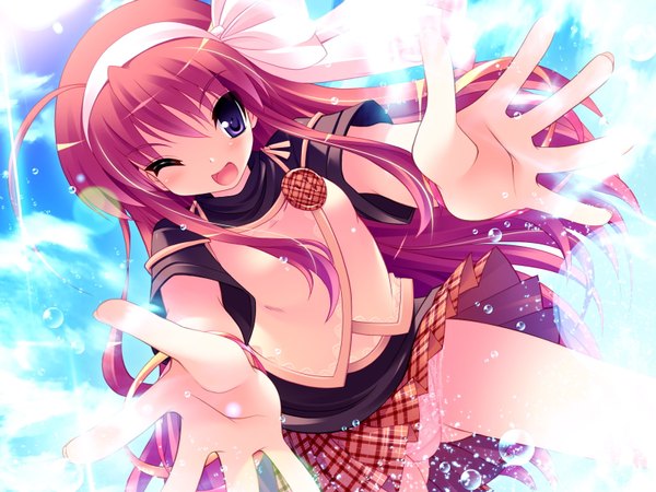 Anime picture 1600x1200 with primary (game) prim rina oaklane long hair open mouth light erotic purple eyes game cg red hair girl underwear panties