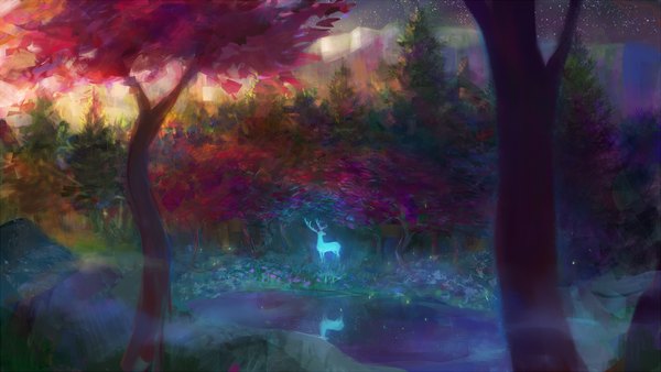 Anime picture 2280x1285 with original j-witless highres wide image horn (horns) reflection no people glow plant (plants) animal tree (trees) water forest deer