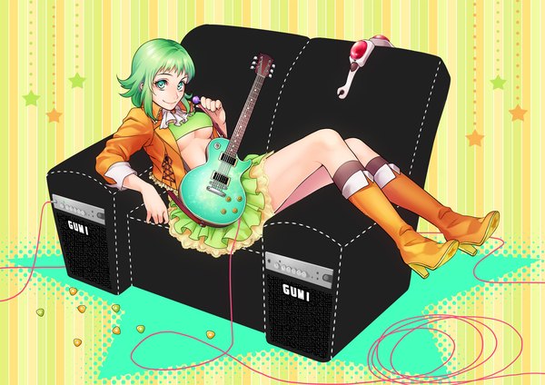 Anime picture 1316x930 with vocaloid gumi sharp rainy712 single looking at viewer short hair breasts light erotic smile full body aqua eyes green hair high heels underboob girl skirt food sweets star (symbol) knee boots