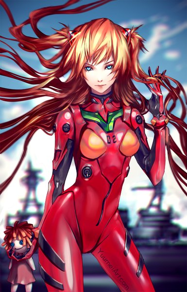Anime picture 1000x1556 with neon genesis evangelion gainax soryu asuka langley yuumei single long hair tall image looking at viewer fringe breasts blue eyes blonde hair brown hair standing twintails holding signed sky cloud (clouds) outdoors