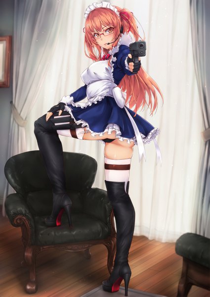 Anime picture 1075x1518 with original modern combat maid (tori@gununu) tori@gununu single long hair tall image looking at viewer blush fringe open mouth light erotic hair between eyes standing full body ass indoors looking back from behind orange hair maid