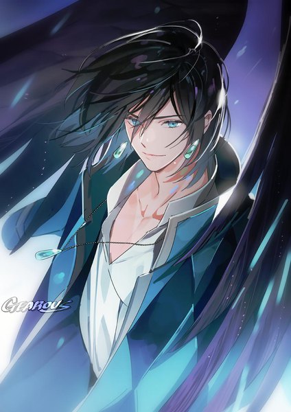 Anime picture 900x1273 with howl's moving castle studio ghibli howl gearous single tall image fringe short hair blue eyes black hair hair between eyes standing signed looking away upper body multicolored hair light smile wind two-tone hair colored inner hair