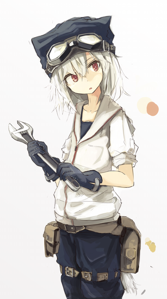 Anime picture 812x1450 with original hizakozouzu single long hair tall image simple background red eyes standing white background holding looking away white hair parted lips twisty sleeves goggles on head girl gloves black gloves jacket belt