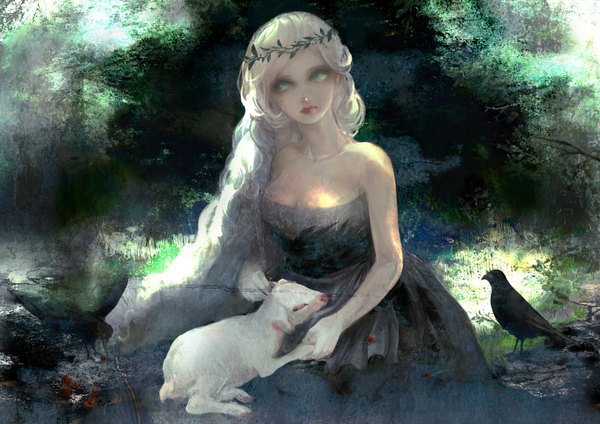 Anime picture 3508x2480 with original yoshio long hair looking at viewer highres blonde hair sitting bare shoulders green eyes absurdres green background girl dress animal black dress bird (birds) wreath crow