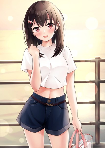 Anime picture 1200x1683 with original yukimaru217 single long hair tall image looking at viewer blush fringe open mouth smile hair between eyes red eyes brown hair standing holding sky outdoors :d arm up blurry