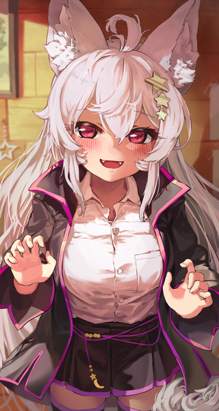 Anime picture 1920x3600 with original melaton single long hair tall image looking at viewer blush fringe highres open mouth smile hair between eyes red eyes standing animal ears payot ahoge white hair :d pleated skirt