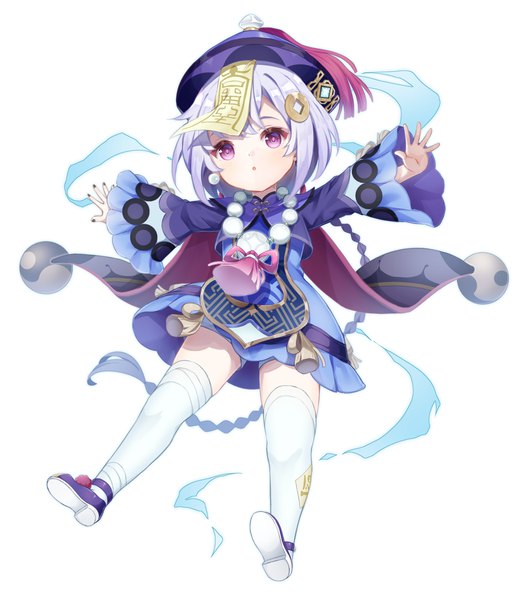 Anime picture 2320x2624 with genshin impact qiqi (genshin impact) koki (latte1023) single tall image highres simple background white background purple eyes purple hair full body braid (braids) very long hair :o single braid spread arms girl thighhighs hat white thighhighs