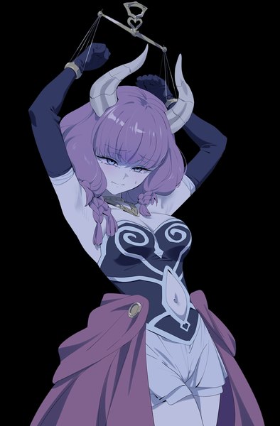 Anime picture 1000x1523 with sousou no frieren aura (sousou no frieren) yd (orange maru) single long hair tall image fringe breasts light erotic simple background standing purple eyes looking away pink hair blunt bangs braid (braids) horn (horns) arms up armpit (armpits) black background