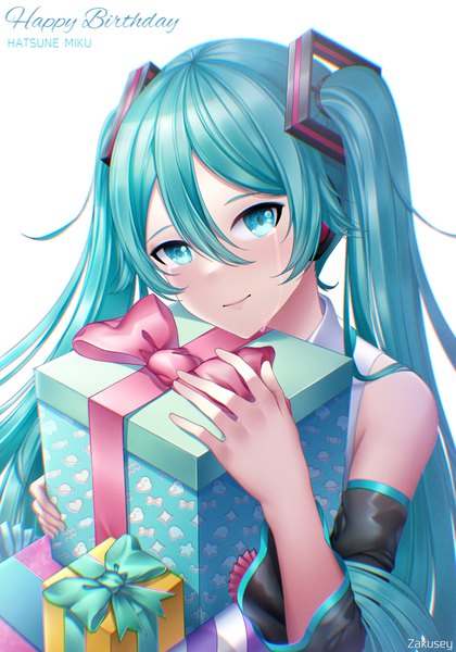 Anime picture 1400x2000 with vocaloid hatsune miku zakusey single long hair tall image looking at viewer fringe simple background hair between eyes white background twintails signed upper body aqua eyes aqua hair character names tears happy birthday girl