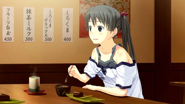 Anime picture 1024x576 with suigetsu 2 long hair black hair wide image twintails game cg black eyes girl food