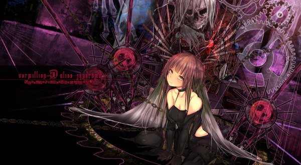 Anime picture 1960x1080 with original rib:y(uhki) single long hair looking at viewer blush highres black hair wide image sitting bare shoulders yellow eyes red hair multicolored hair mole two-tone hair wallpaper mole under eye wariza skeleton