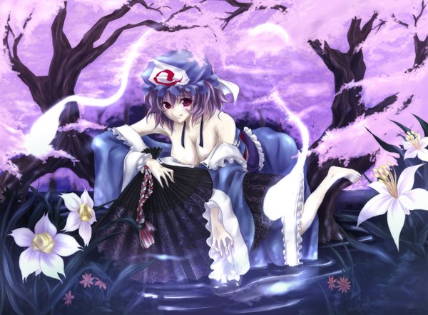Anime picture 1534x1130 with touhou saigyouji yuyuko futami kito single looking at viewer short hair breasts light erotic red eyes bare shoulders purple hair ghost river girl dress flower (flowers) plant (plants) tree (trees) fan