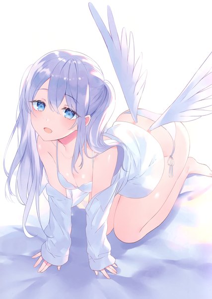 Anime picture 2099x2952 with original achiki single long hair tall image looking at viewer blush fringe highres blue eyes light erotic hair between eyes payot silver hair barefoot scan bare legs two side up open shirt shiny skin