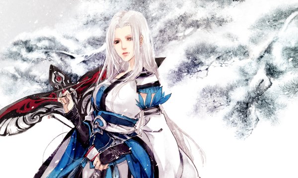 Anime picture 1276x765 with original ibuki satsuki single wide image white hair very long hair black eyes realistic snowing winter snow traditional media girl plant (plants) detached sleeves tree (trees) kite