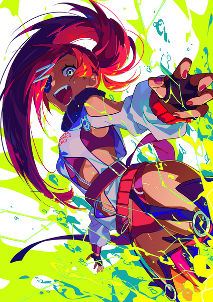 Anime picture 1653x2339 with original dive to zone yuigahama (user nevh3547) single long hair tall image looking at viewer fringe open mouth light erotic ponytail red hair nail polish :d hair over one eye teeth from below grey eyes dark skin spread arms
