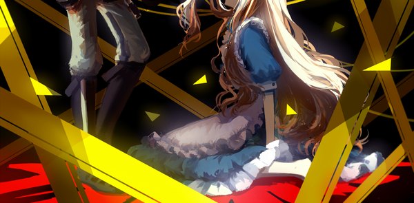 Anime picture 2000x984 with kagerou project shaft (studio) mary (kagerou project) konoha (kagerou project) kuroha prophet chu long hair highres blonde hair wide image sitting bent knee (knees) wavy hair girl dress boy ribbon (ribbons) boots apron knee boots