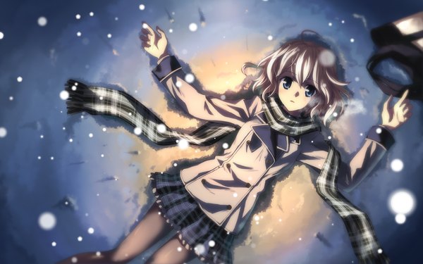 Anime-Bild 3840x2400 mit original yuuki tatsuya single looking at viewer highres short hair blue eyes wide image absurdres white hair lying from above plaid skirt snowing winter snow exhalation double buttons girl skirt