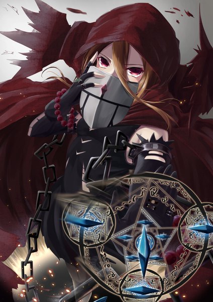 Anime picture 636x900 with overlord (maruyama) madhouse evileye (overlord) tagame (tagamecat) single long hair tall image looking at viewer fringe simple background blonde hair hair between eyes red eyes holding grey background outstretched arm magic covered mouth girl dress