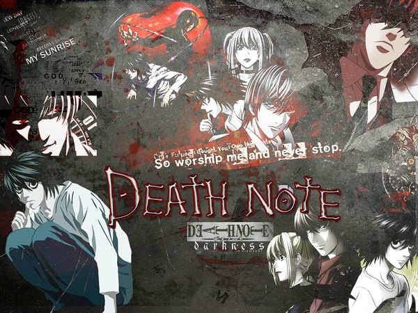 Anime picture 1024x768 with death note madhouse yagami light l (death note) amane misa long hair short hair black hair blonde hair red eyes sitting twintails black eyes inscription short twintails multiview evil grin texture girl boy