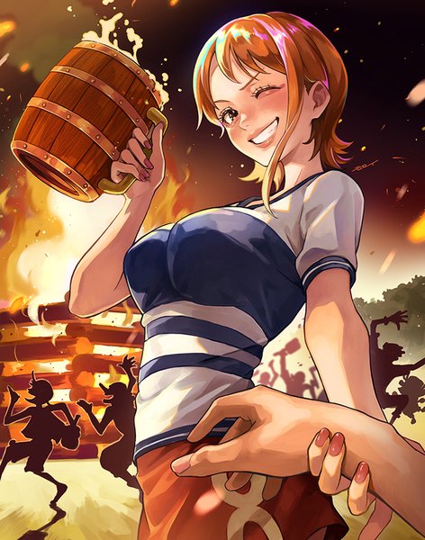 Anime picture 750x953 with one piece toei animation nami (one piece) monkey d. luffy tony tony chopper usopp moroi tall image looking at viewer blush fringe short hair breasts smile large breasts standing holding signed upper body outdoors