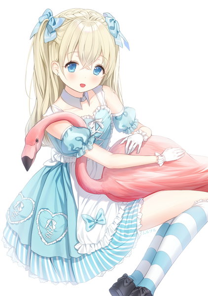 Anime picture 1000x1421 with original haruri single long hair tall image looking at viewer blush fringe open mouth blue eyes simple background blonde hair hair between eyes white background loli girl dress gloves bow hair bow