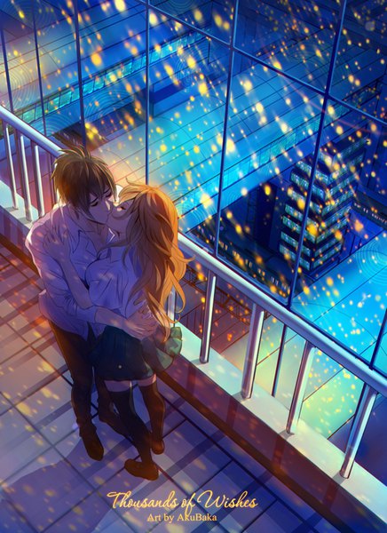 Anime picture 655x900 with original akubaka long hair tall image short hair brown hair standing eyes closed pleated skirt from above orange hair night couple hug city kiss girl thighhighs boy skirt