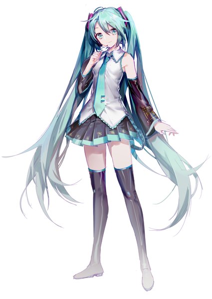 Anime picture 2150x3035 with vocaloid hatsune miku yyb single tall image looking at viewer fringe highres simple background hair between eyes standing white background twintails full body very long hair pleated skirt aqua eyes aqua hair girl skirt