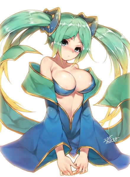 Anime picture 733x1000 with league of legends sona buvelle mukka single tall image blue eyes light erotic twintails bare shoulders signed very long hair multicolored hair aqua hair gradient hair adapted costume girl