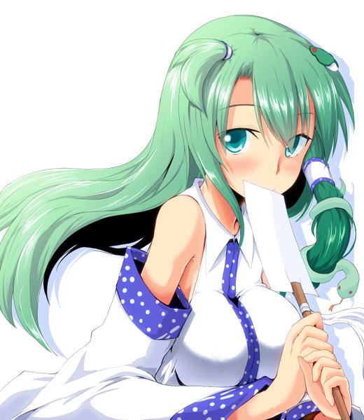 Anime picture 2600x3000 with touhou kochiya sanae kasuka single long hair tall image looking at viewer blush highres simple background white background green eyes green hair girl hair ornament detached sleeves hair tubes