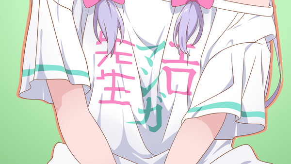 Anime picture 3840x2160 with eromanga sensei a-1 pictures izumi sagiri dekodere single long hair highres wide image absurdres purple hair short sleeves wallpaper vector head out of frame clothes writing screencap redraw girl t-shirt