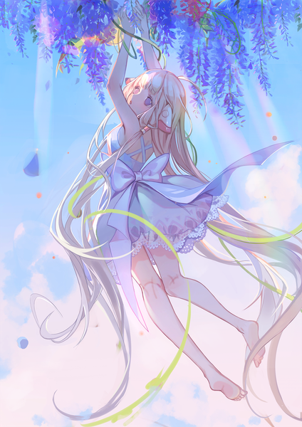 Anime picture 1240x1754 with chobits chii haitu single tall image blonde hair purple eyes full body very long hair barefoot sunlight arms up bare legs looking up girl dress flower (flowers) hair tubes wisteria