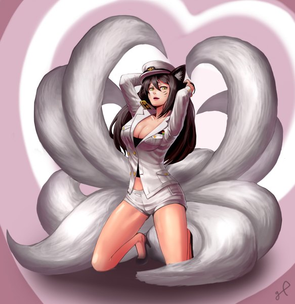 Anime picture 1980x2038 with league of legends ahri (league of legends) goomrrat single long hair tall image looking at viewer highres light erotic black hair animal ears yellow eyes cleavage tail legs kneeling facial mark multiple tails whisker markings girl