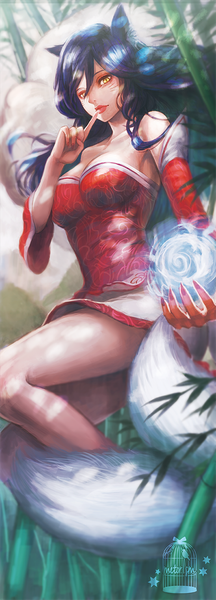 Anime picture 500x1385 with league of legends ahri (league of legends) bibico single long hair tall image looking at viewer breasts animal ears yellow eyes blue hair tail animal tail lips fox ears magic facial mark finger to mouth fox tail fox girl