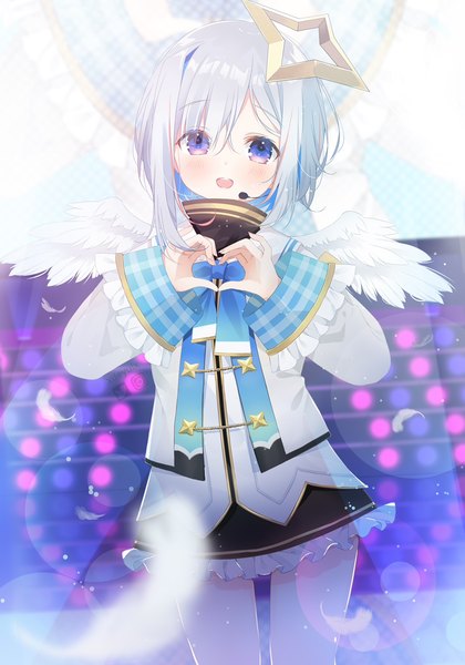 Anime picture 1015x1450 with virtual youtuber hololive amane kanata amane kanata (1st costume) deyui single tall image looking at viewer short hair open mouth standing purple eyes silver hair :d white wings heart hands girl skirt miniskirt wings