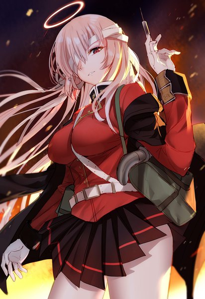 Anime-Bild 800x1165 mit fate (series) fate/grand order florence nightingale (fate) bison cangshu single long hair tall image looking at viewer fringe light erotic red eyes standing holding pink hair parted lips pleated skirt arm up between breasts bandage over one eye girl