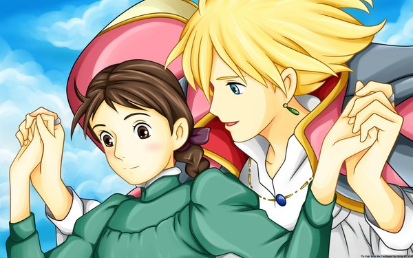 Anime picture 1920x1200 with howl's moving castle studio ghibli howl sophie hatter chrisp highres short hair blue eyes blonde hair brown hair wide image brown eyes braid (braids) couple holding hands screencap redraw girl dress boy bow
