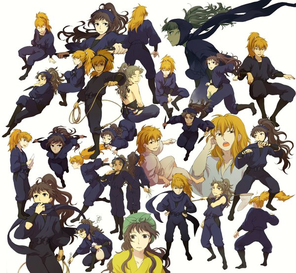 Anime picture 1600x1475 with rakudai ninja rantarou tagme (character) nerisuke blonde hair smile brown hair standing white background sitting ponytail looking back grey hair running scarf rope ninja net